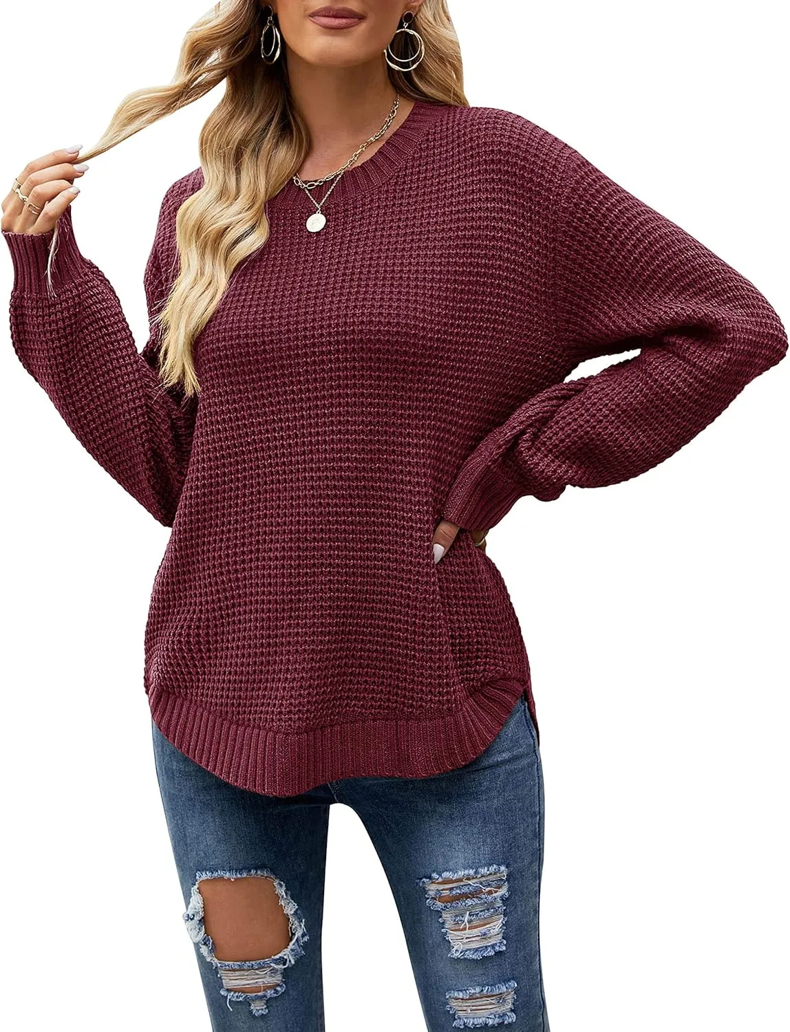 MEROKEETY Women's 2024 Fall Casual Fall Waffle Knit Sweater Long Balloon Sleeve Loose Pullover Jumper