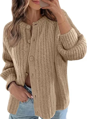 MEROKEETY Women's 2025 Long Sleeve Cardigan Sweater Crew Neck Button Ribbed Open Front Knit Outerwear