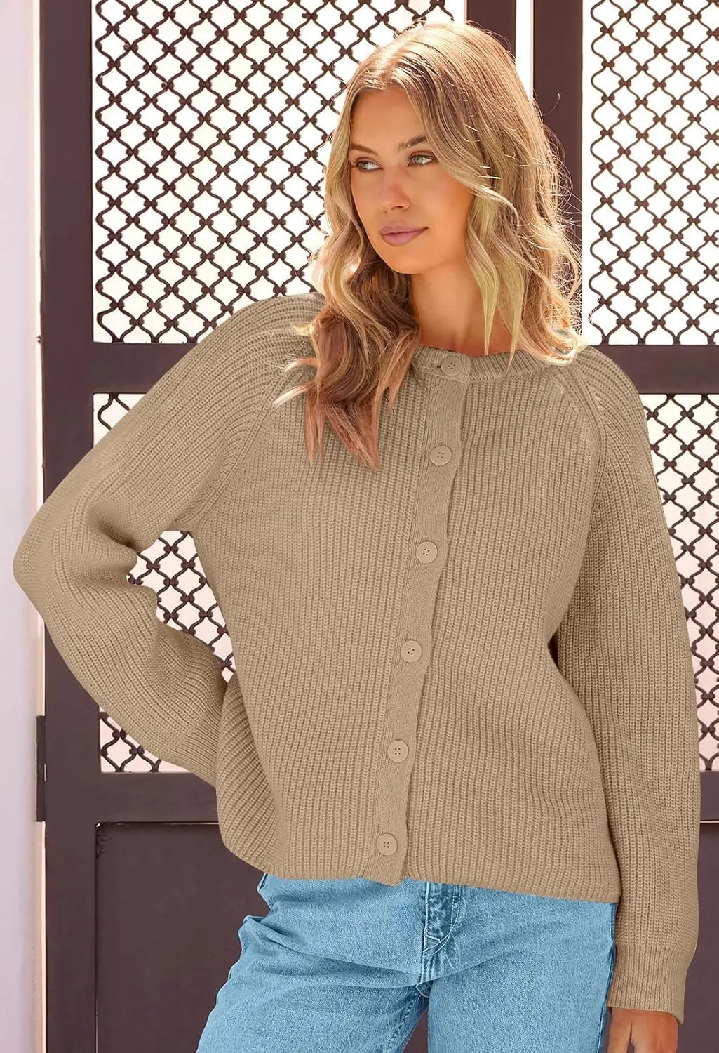 MEROKEETY Women's 2025 Long Sleeve Cardigan Sweater Crew Neck Button Ribbed Open Front Knit Outerwear