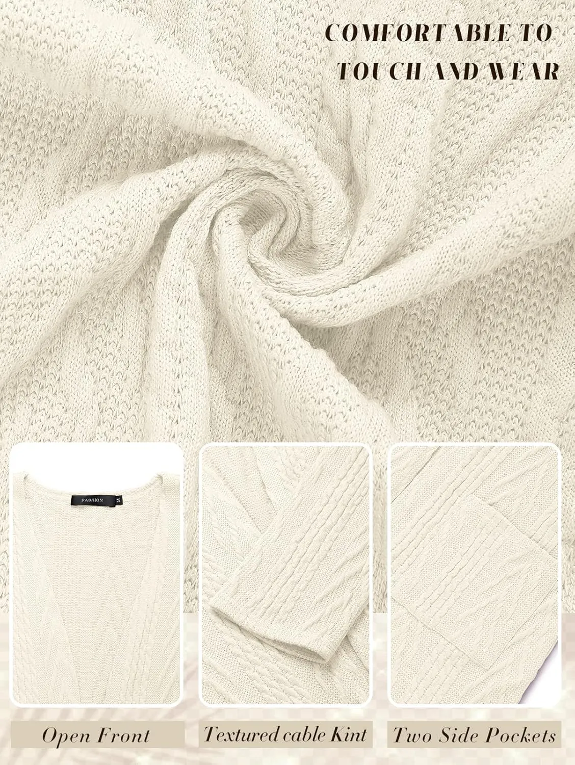 MEROKEETY Women's Casual Long Sleeve Open Front Cable Knit Cardigans Lightweight Solid Color with Pockets