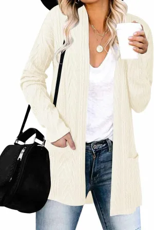 MEROKEETY Women's Casual Long Sleeve Open Front Cable Knit Cardigans Lightweight Solid Color with Pockets