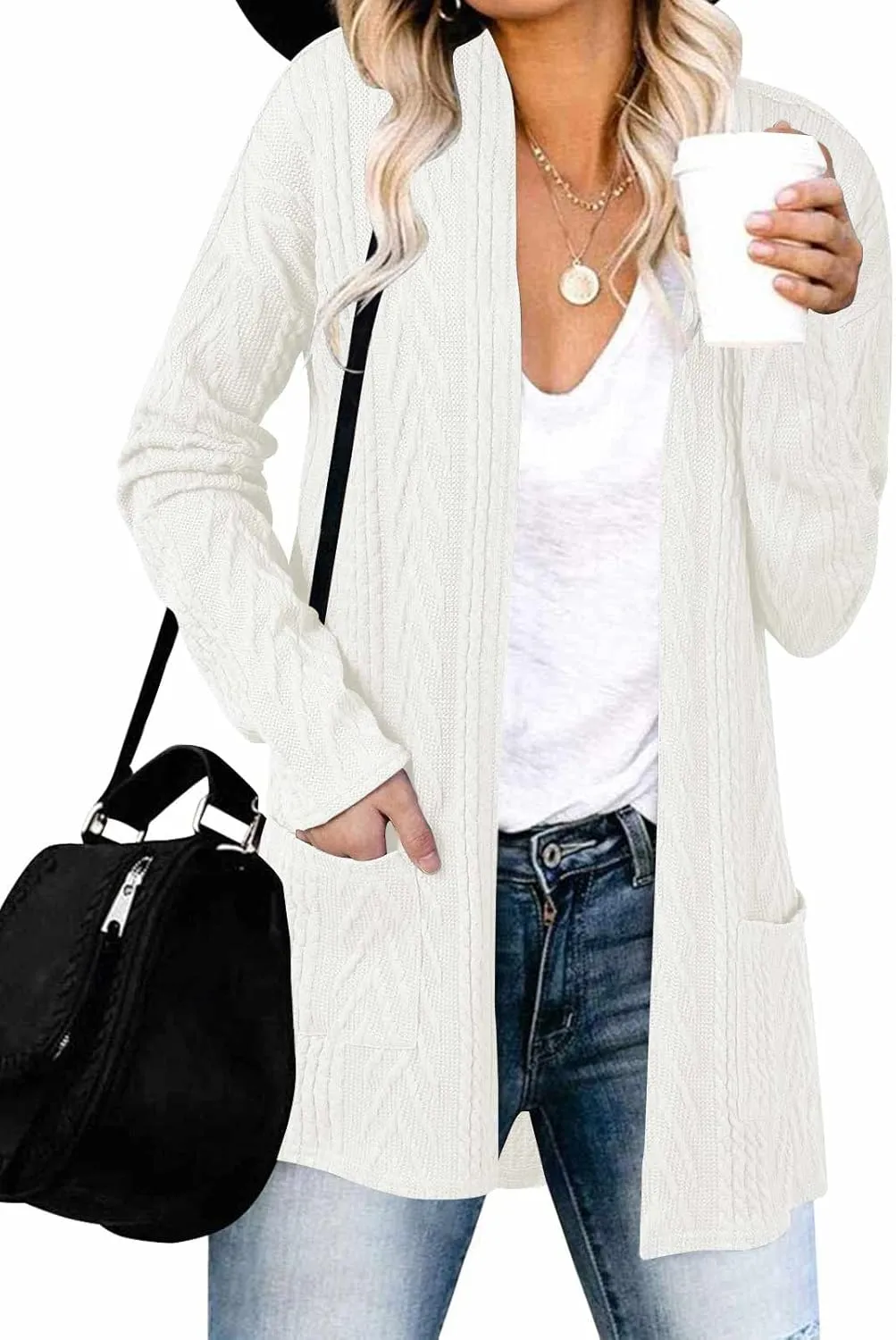 MEROKEETY Women's Casual Long Sleeve Open Front Cable Knit Cardigans Lightweight Solid Color with Pockets