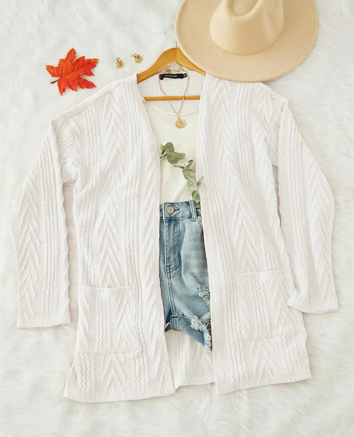 MEROKEETY Women's Casual Long Sleeve Open Front Cable Knit Cardigans Lightweight Solid Color with Pockets