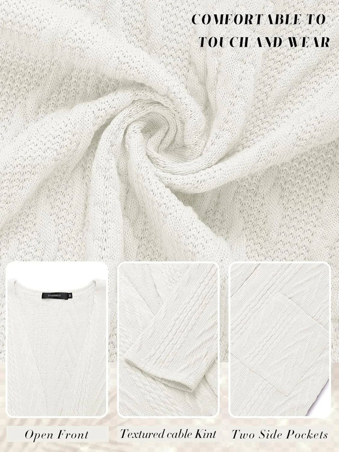 MEROKEETY Women's Casual Long Sleeve Open Front Cable Knit Cardigans Lightweight Solid Color with Pockets