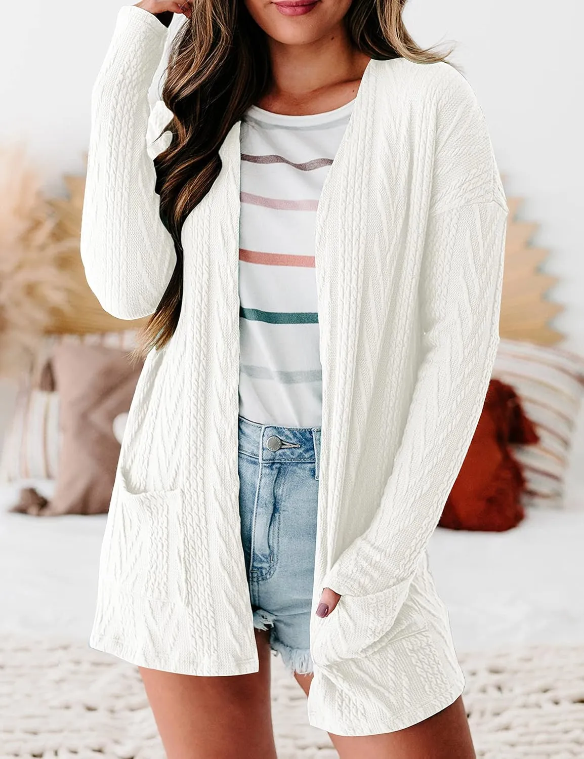 MEROKEETY Women's Casual Long Sleeve Open Front Cable Knit Cardigans Lightweight Solid Color with Pockets