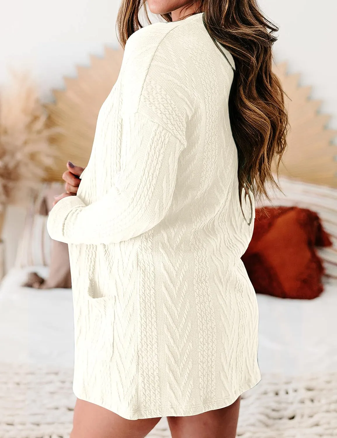 MEROKEETY Women's Casual Long Sleeve Open Front Cable Knit Cardigans Lightweight Solid Color with Pockets