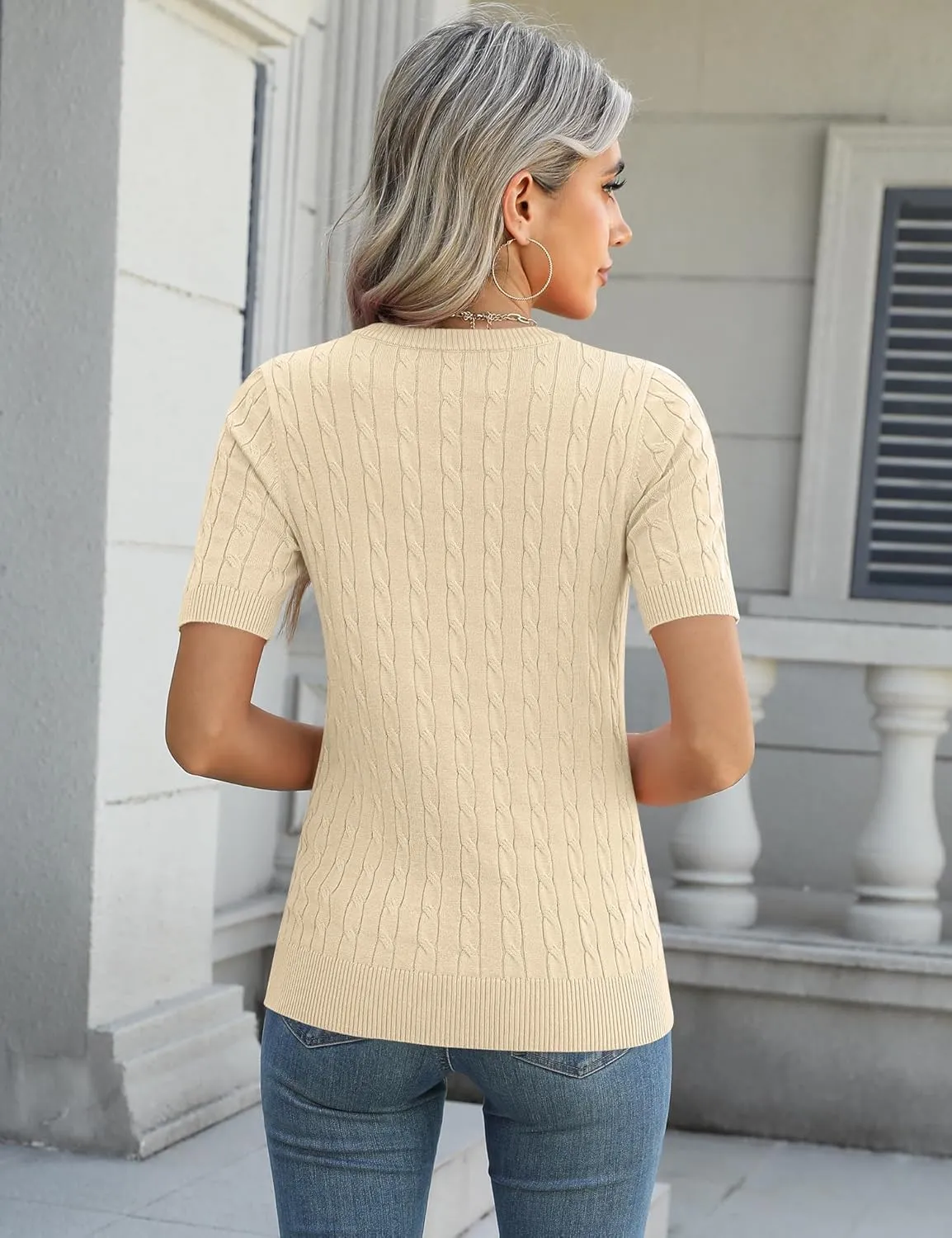 Micoson Womens Short Sleeve Cable Knit Sweater Tops Crewneck Lightweight Spring Summer Shirts Business Dressy Casual Outfits