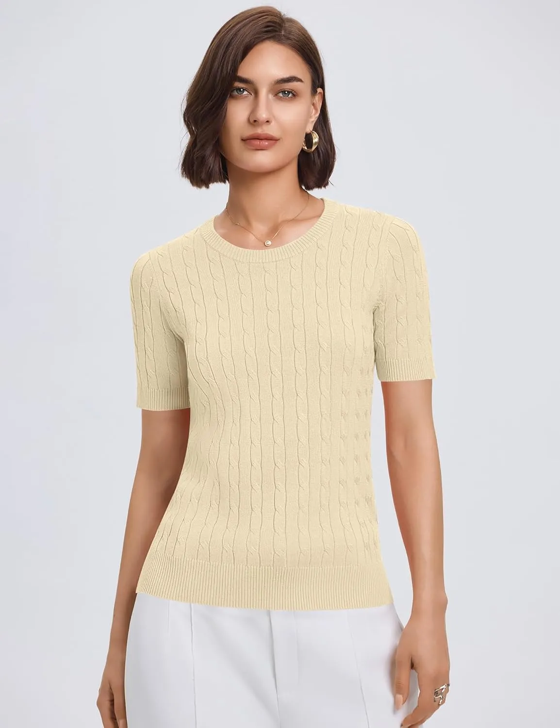 Micoson Womens Short Sleeve Cable Knit Sweater Tops Crewneck Lightweight Spring Summer Shirts Business Dressy Casual Outfits