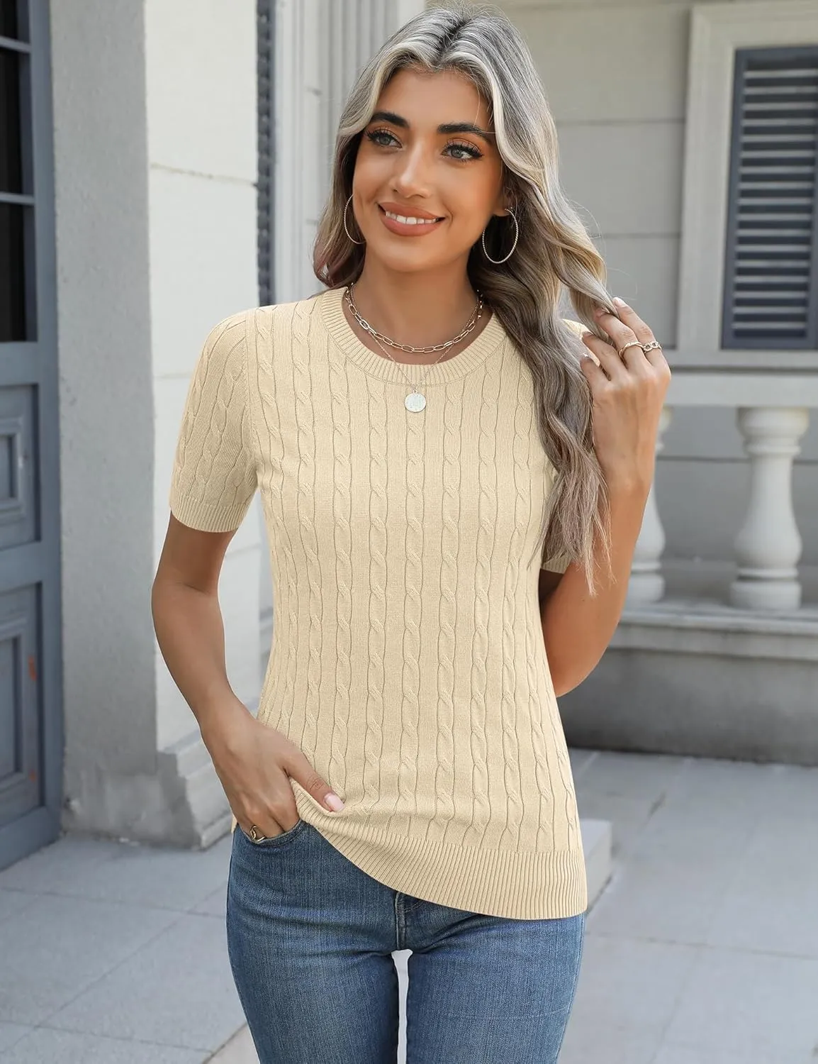 Micoson Womens Short Sleeve Cable Knit Sweater Tops Crewneck Lightweight Spring Summer Shirts Business Dressy Casual Outfits