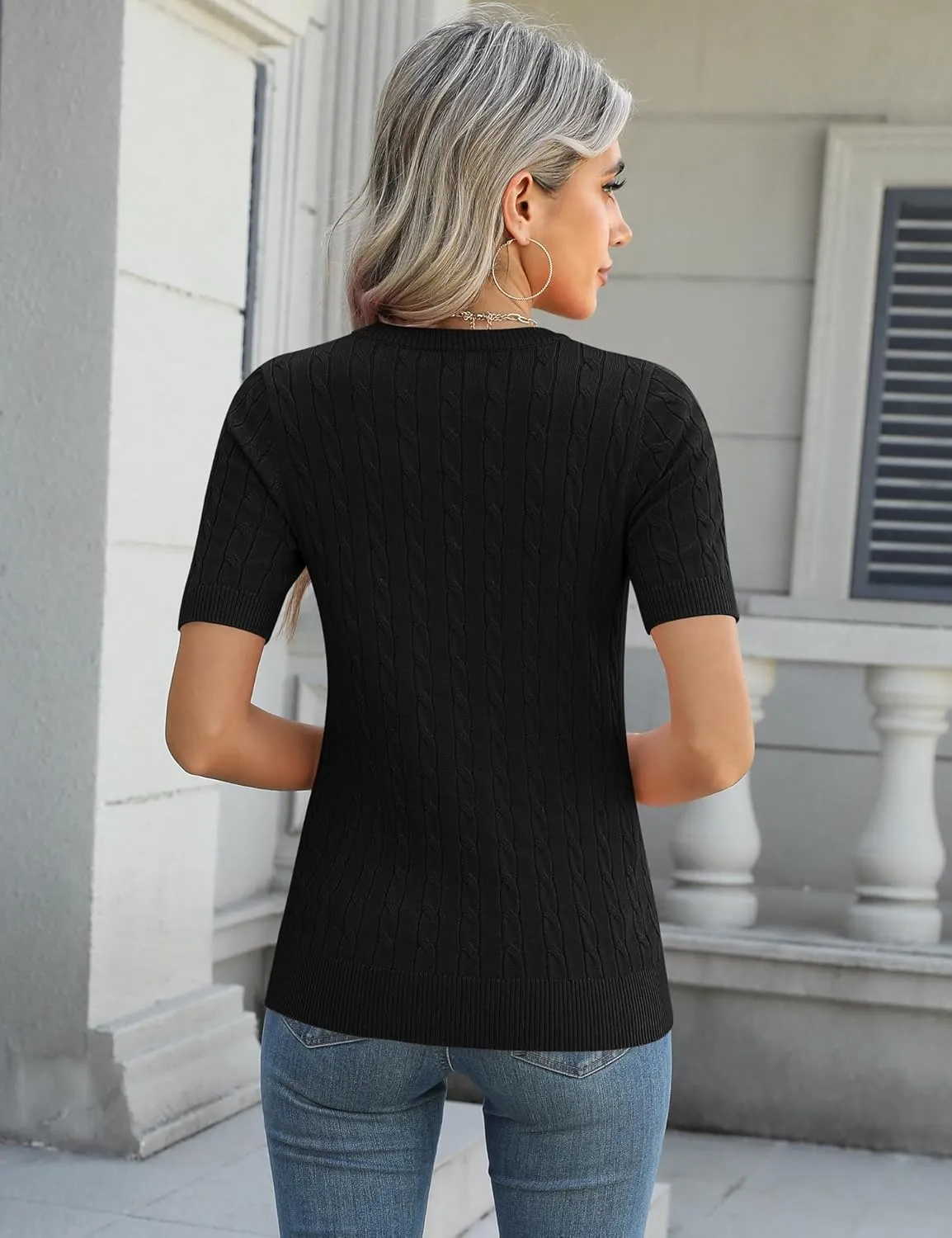 Micoson Womens Short Sleeve Cable Knit Sweater Tops Crewneck Lightweight Spring Summer Shirts Business Dressy Casual Outfits