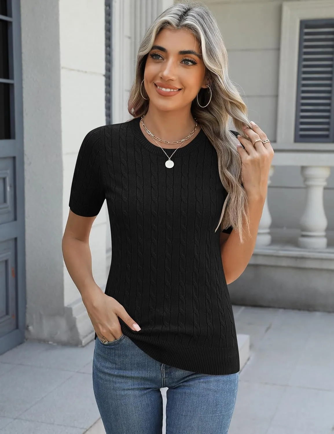 Micoson Womens Short Sleeve Cable Knit Sweater Tops Crewneck Lightweight Spring Summer Shirts Business Dressy Casual Outfits