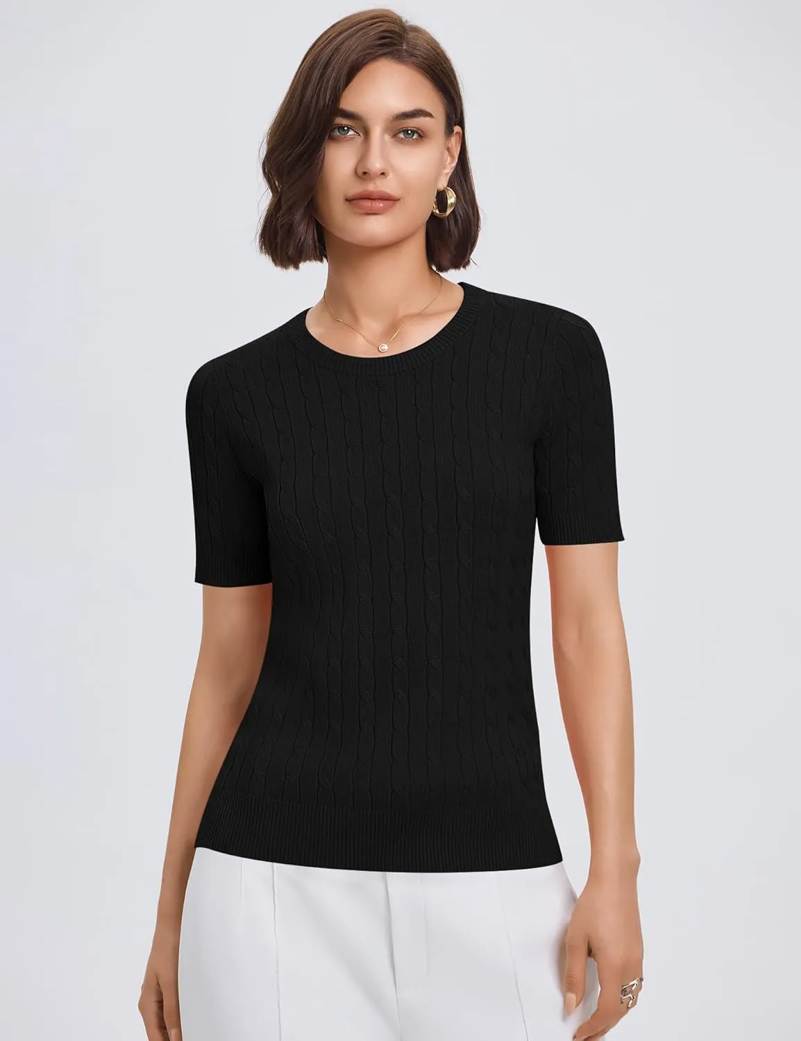 Micoson Womens Short Sleeve Cable Knit Sweater Tops Crewneck Lightweight Spring Summer Shirts Business Dressy Casual Outfits