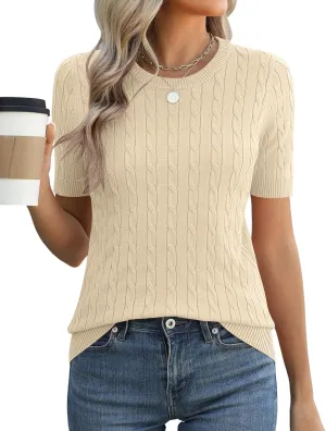 Micoson Womens Short Sleeve Cable Knit Sweater Tops Crewneck Lightweight Spring Summer Shirts Business Dressy Casual Outfits