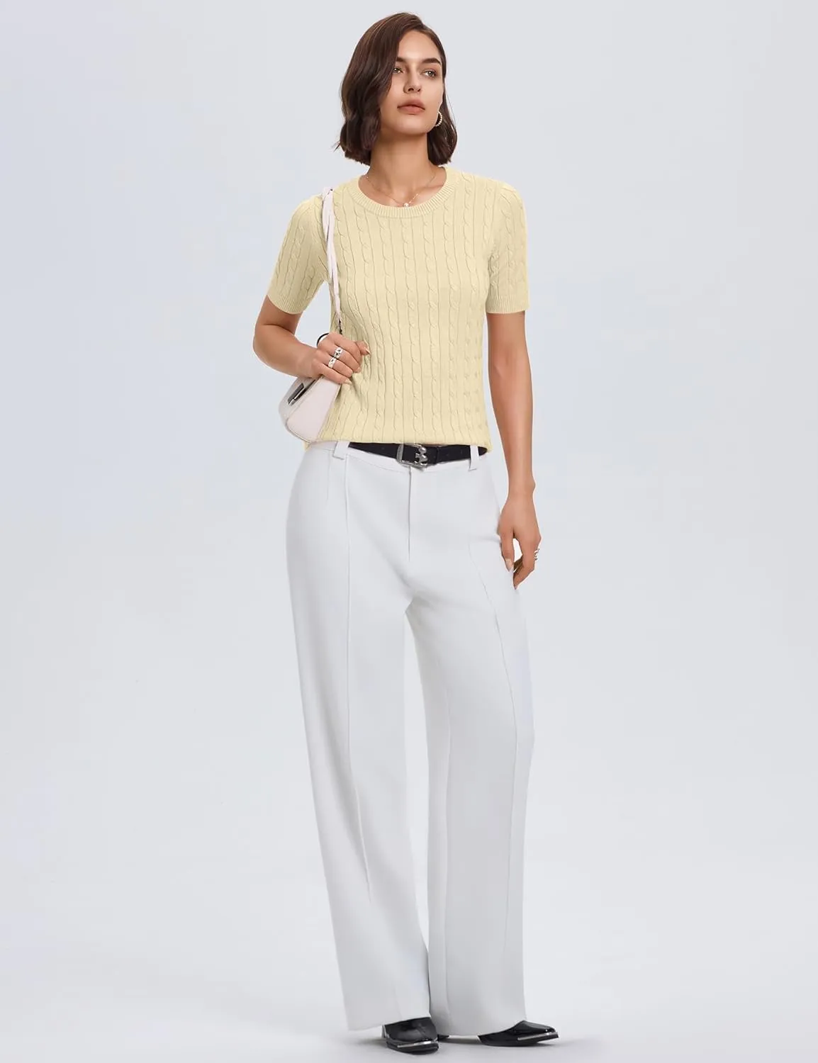 Micoson Womens Short Sleeve Cable Knit Sweater Tops Crewneck Lightweight Spring Summer Shirts Business Dressy Casual Outfits