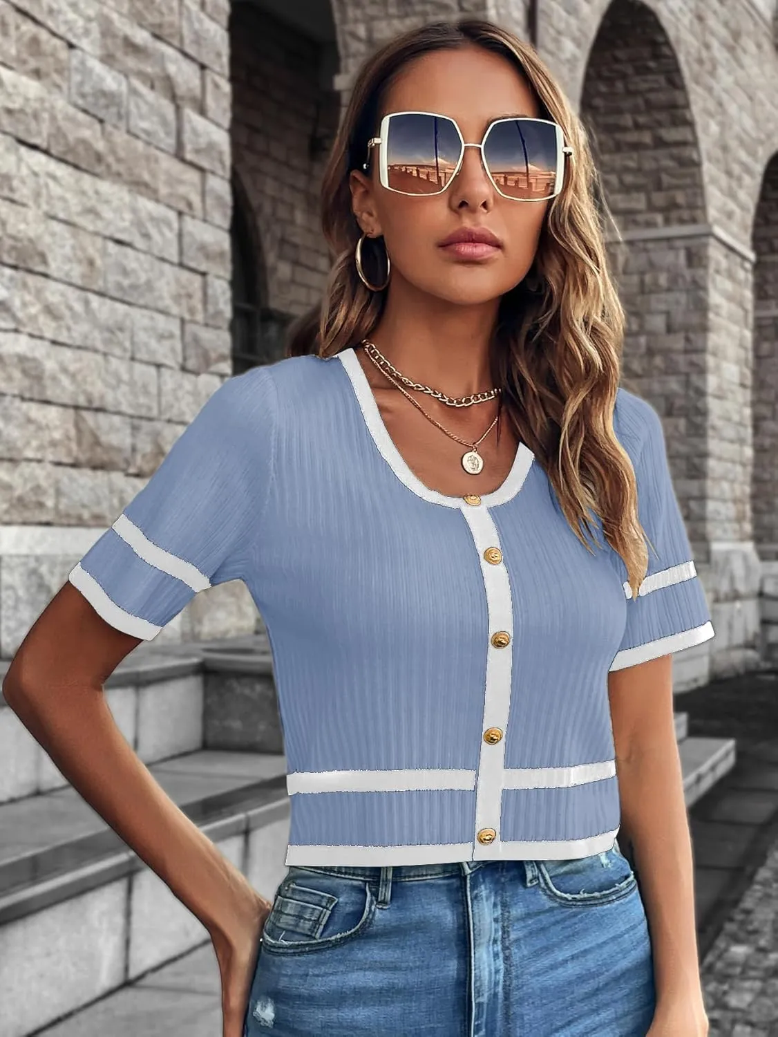 Milumia Women's Striped Button Up Cropped Short Sleeve Knit Tops