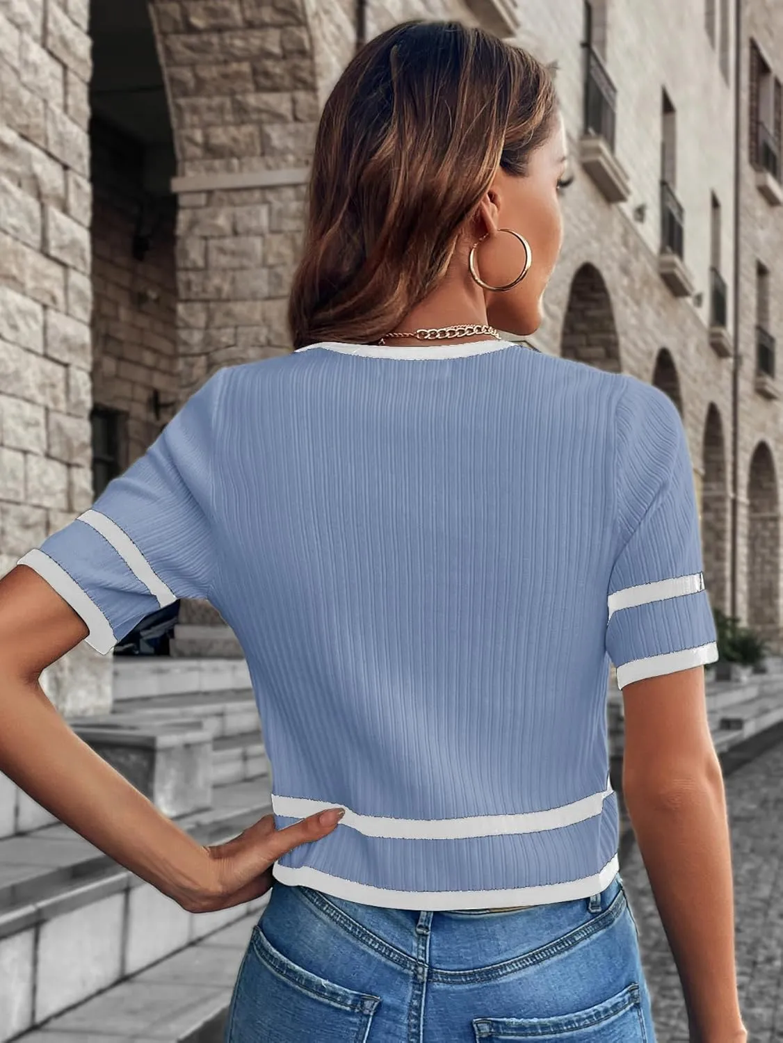 Milumia Women's Striped Button Up Cropped Short Sleeve Knit Tops