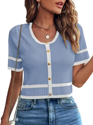 Milumia Women's Striped Button Up Cropped Short Sleeve Knit Tops