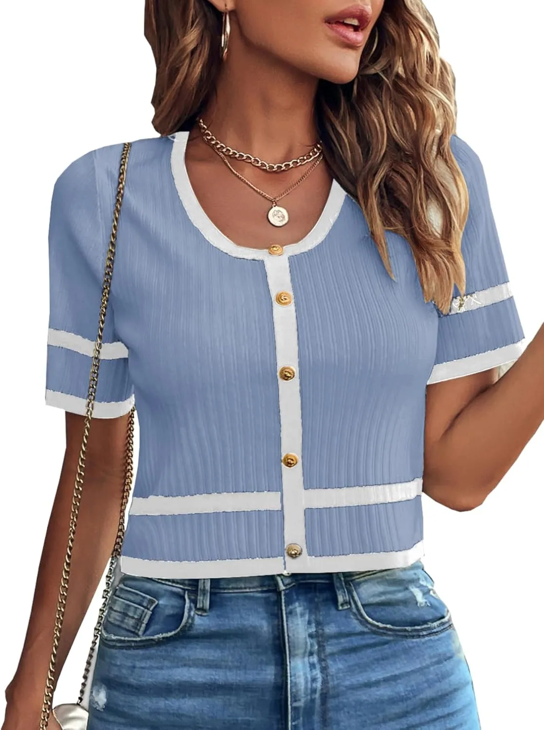 Milumia Women's Striped Button Up Cropped Short Sleeve Knit Tops