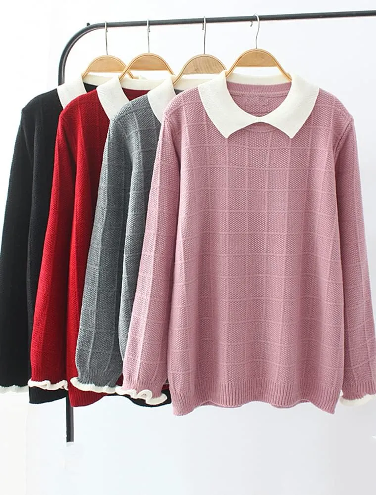 Minibee Women's Pan Collar Knitted Sweater Casual Pullover Sweatshirt