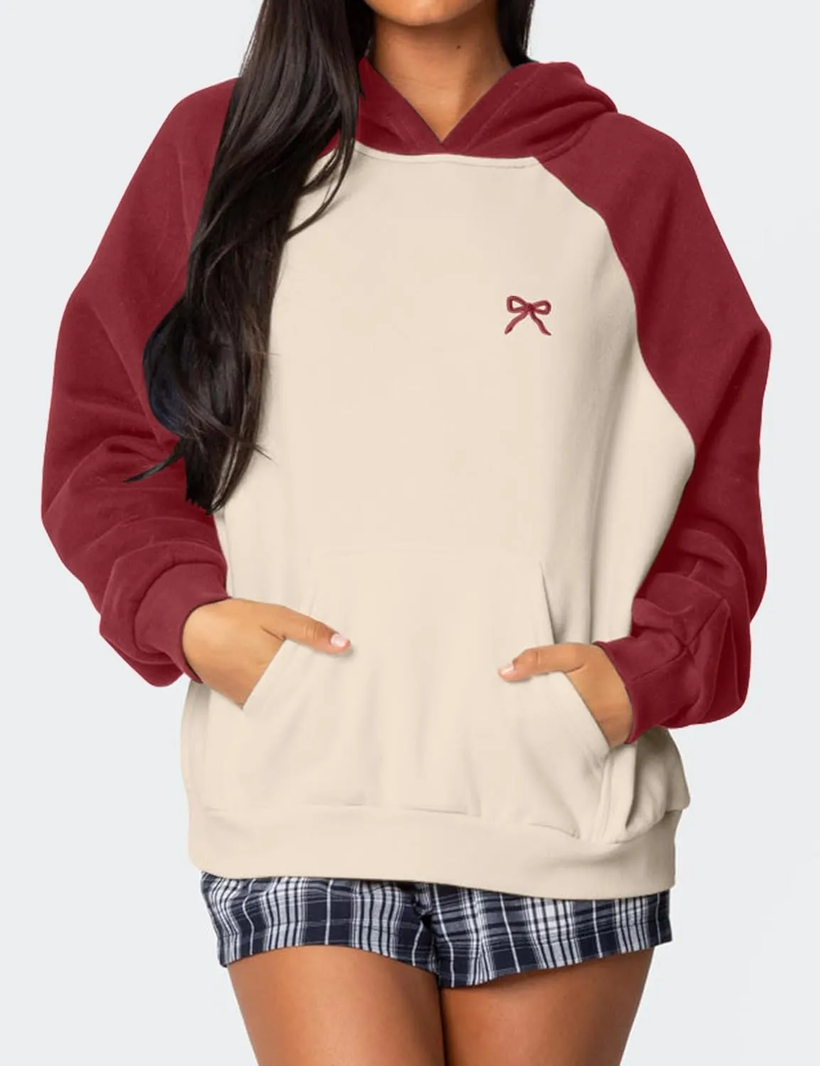 MISSACTIVER Women Bow Graphic Sweatshirt Color Block Pullover Hoodie Fall Fashion Oversized Hooded Sweatshirt Tops