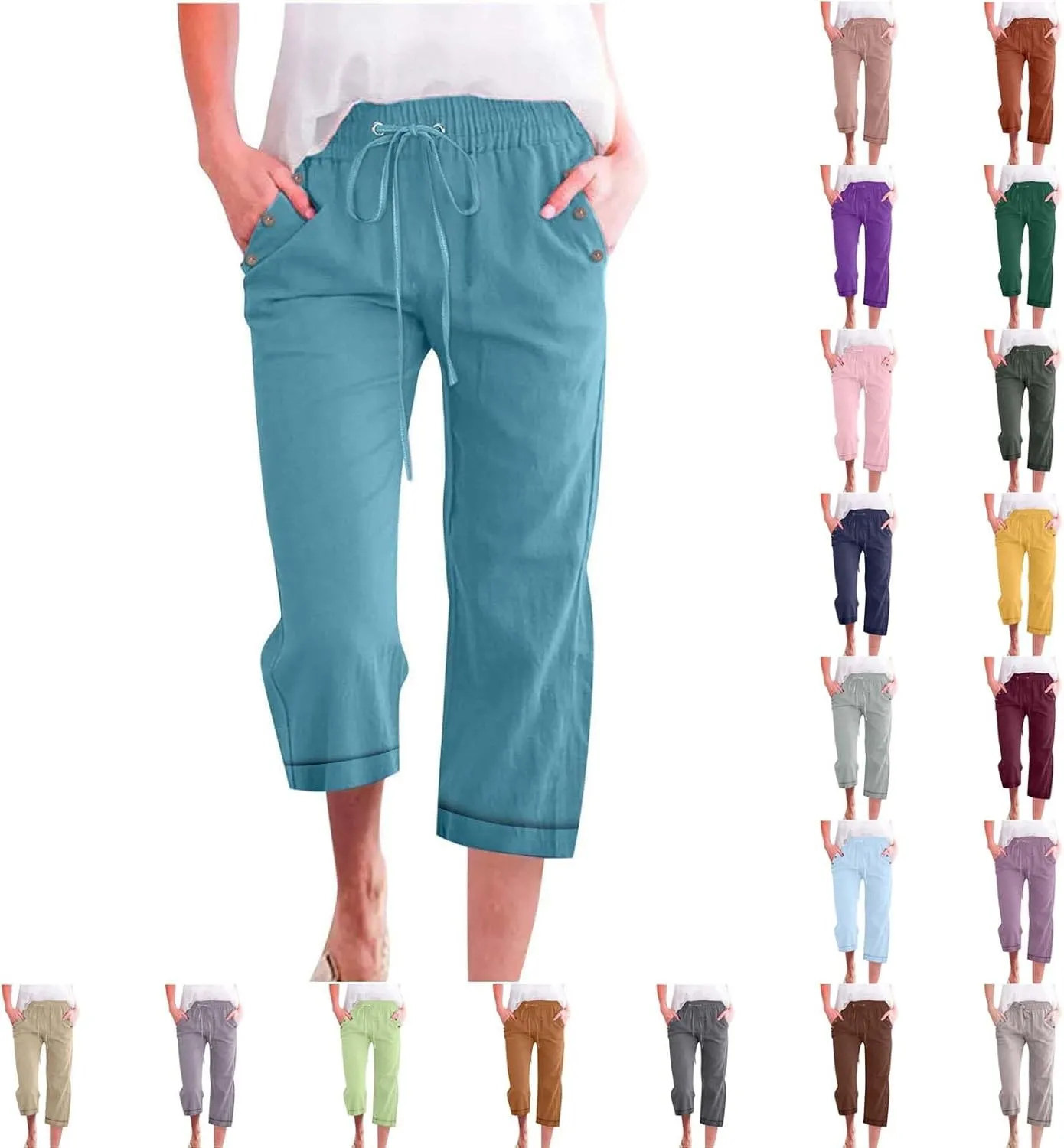 Miyaomn Capri Pants for Women Cotton Linen Casual Summer Beach Cropped Trousers Drawstring Elastic Waist Capris with Pockets