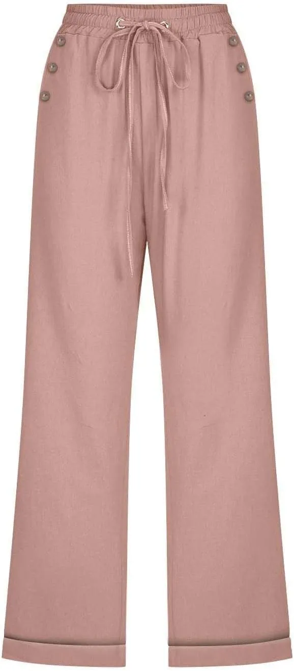 Miyaomn Capri Pants for Women Cotton Linen Casual Summer Beach Cropped Trousers Drawstring Elastic Waist Capris with Pockets