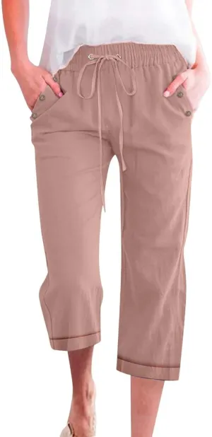 Miyaomn Capri Pants for Women Cotton Linen Casual Summer Beach Cropped Trousers Drawstring Elastic Waist Capris with Pockets