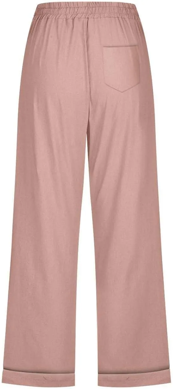 Miyaomn Capri Pants for Women Cotton Linen Casual Summer Beach Cropped Trousers Drawstring Elastic Waist Capris with Pockets