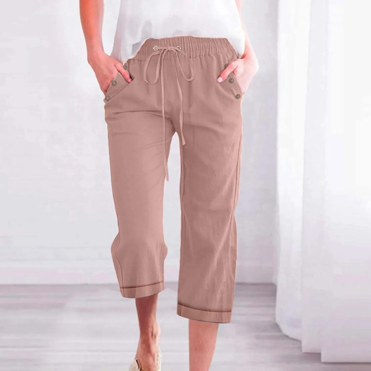 Miyaomn Capri Pants for Women Cotton Linen Casual Summer Beach Cropped Trousers Drawstring Elastic Waist Capris with Pockets