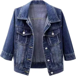 Miyaomn Womens 3/4 Sleeve Short Denim Jacket Lapel Collared Button Down Cropped Jean Jackets Pockets Casual Work Trucker Coat