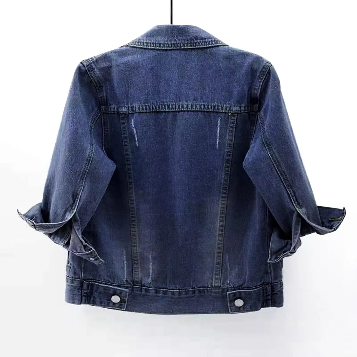 Miyaomn Womens 3/4 Sleeve Short Denim Jacket Lapel Collared Button Down Cropped Jean Jackets Pockets Casual Work Trucker Coat