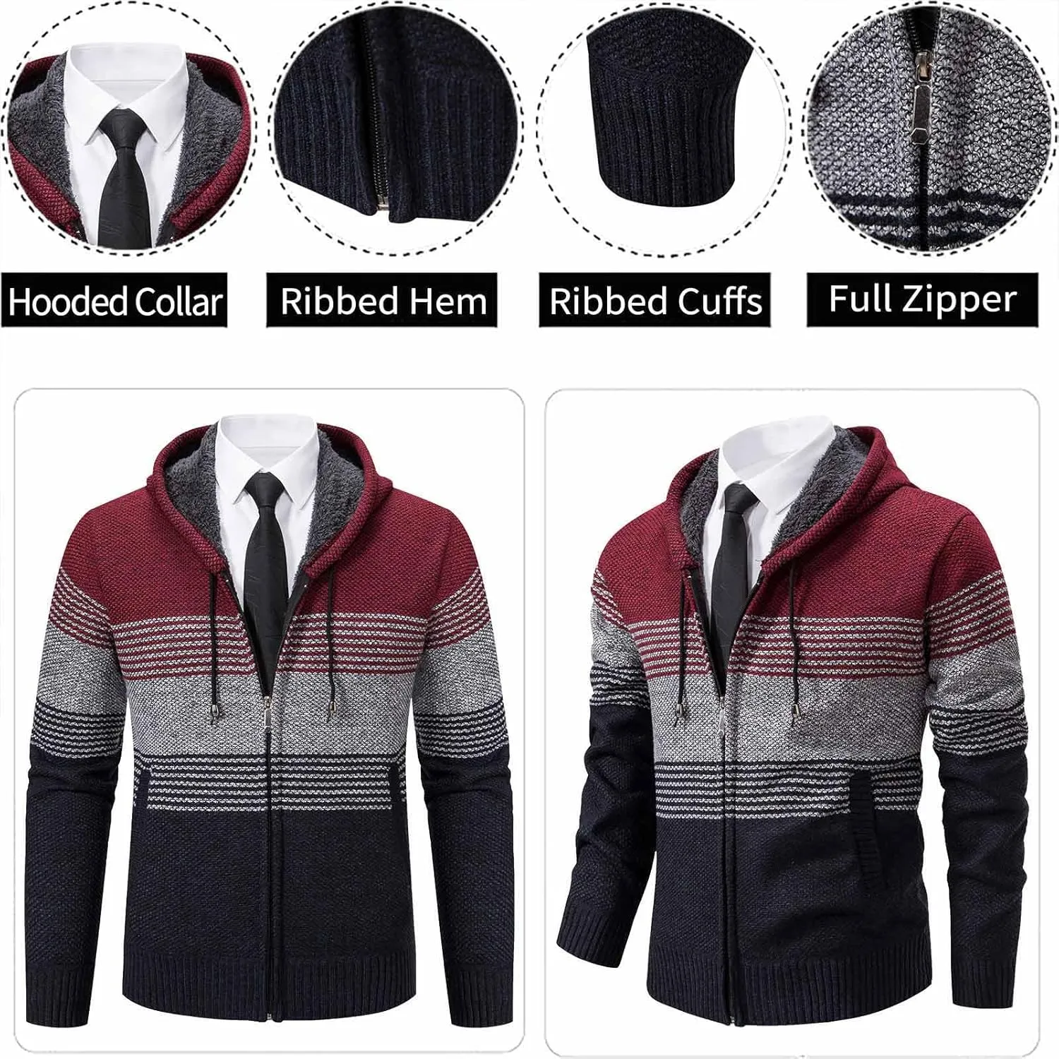 Mylldey Mens Hoodies Knit Sweater, Full Zip Fleece Lined Cardigan Sweaters Casual Regular Fit Knit Hooded Men Sweater Jacket