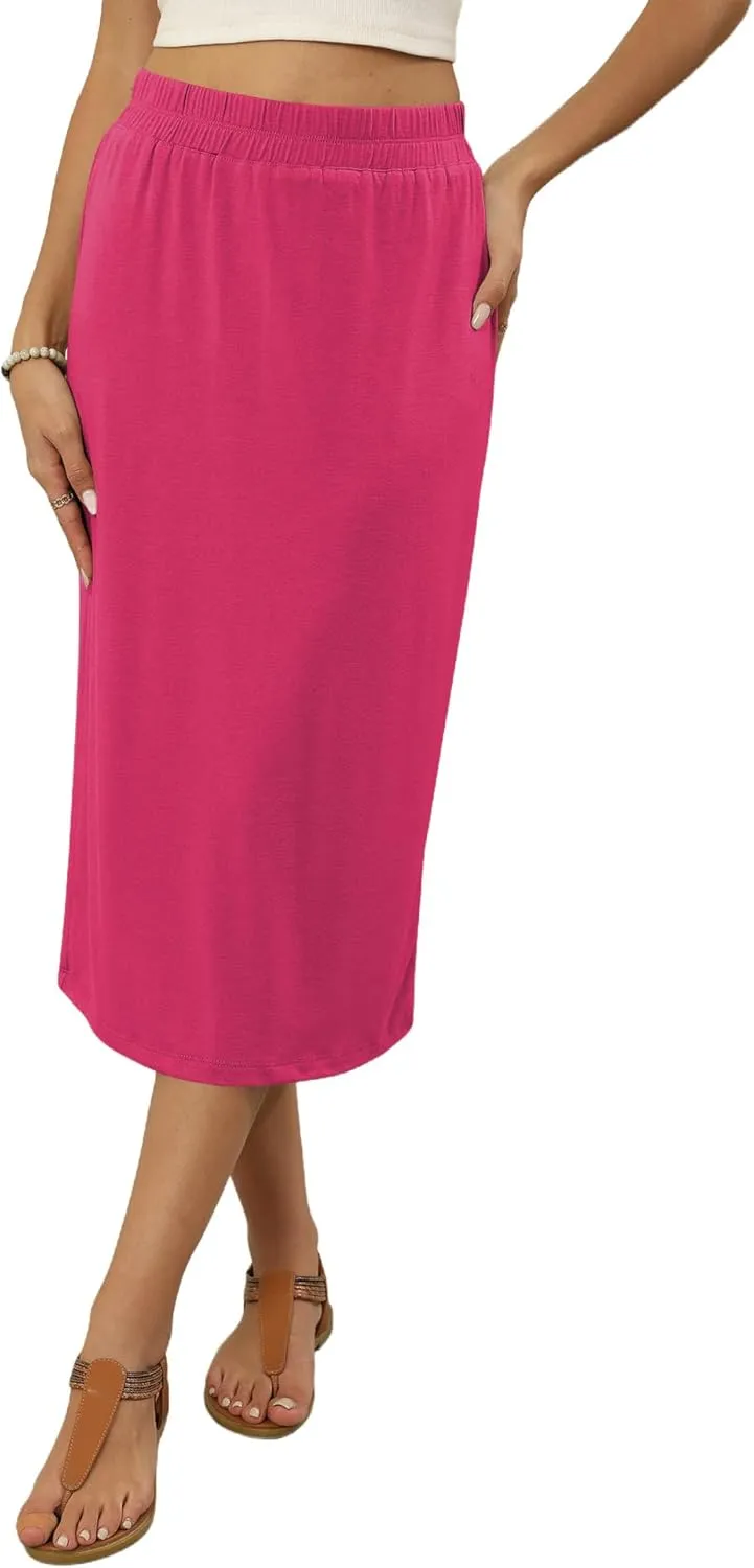 Naggoo Womens Midi Skirts Summer Elastic High Waisted Back Slit Long Straight Skirt Below Knee