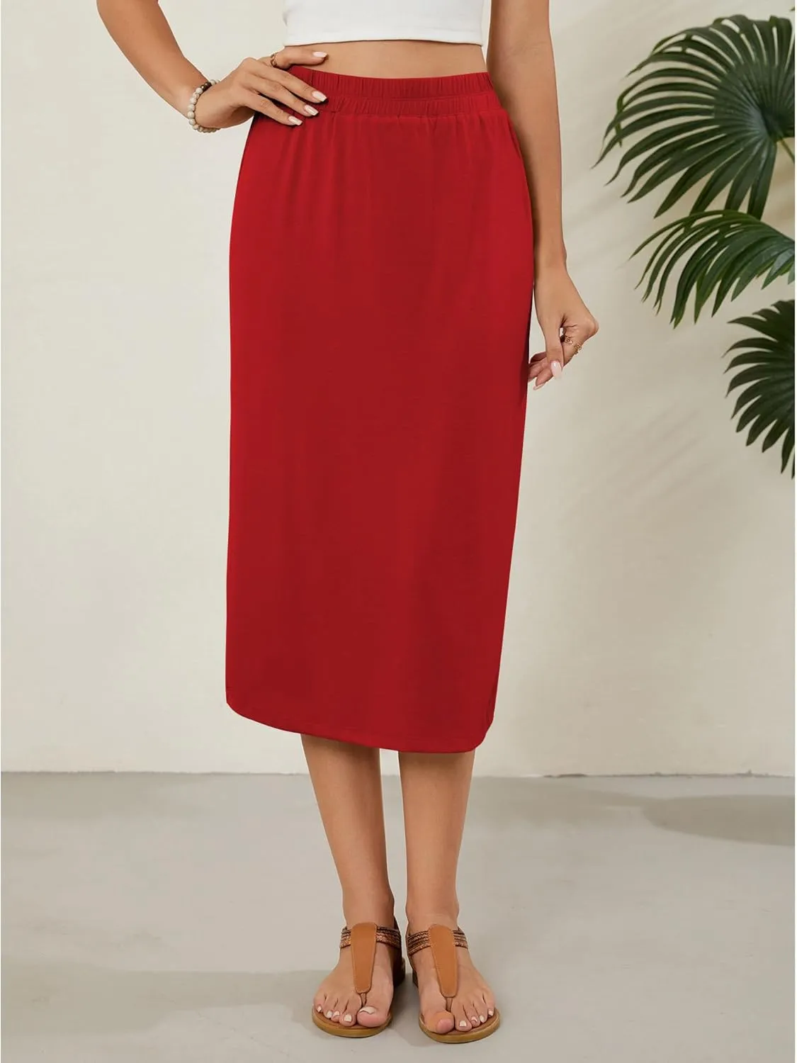 Naggoo Womens Midi Skirts Summer Elastic High Waisted Back Slit Long Straight Skirt Below Knee