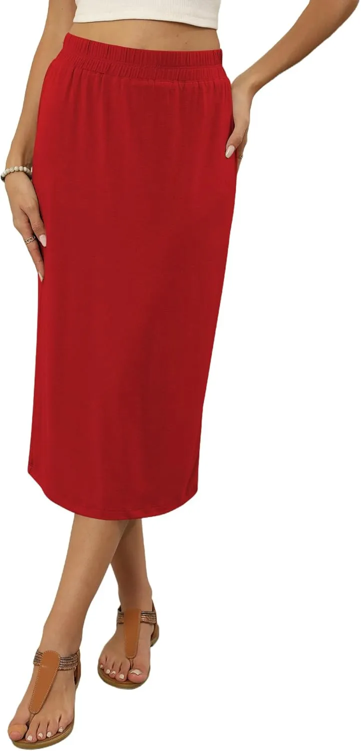 Naggoo Womens Midi Skirts Summer Elastic High Waisted Back Slit Long Straight Skirt Below Knee