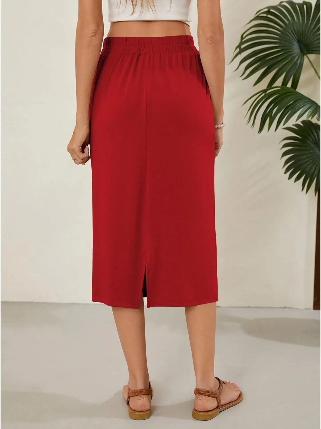 Naggoo Womens Midi Skirts Summer Elastic High Waisted Back Slit Long Straight Skirt Below Knee