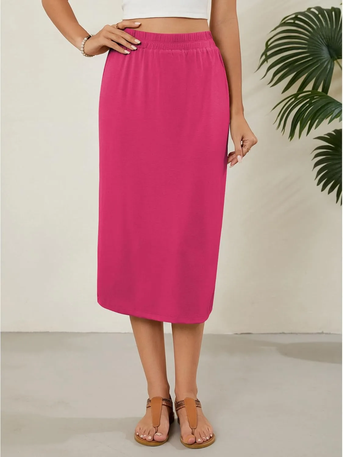 Naggoo Womens Midi Skirts Summer Elastic High Waisted Back Slit Long Straight Skirt Below Knee