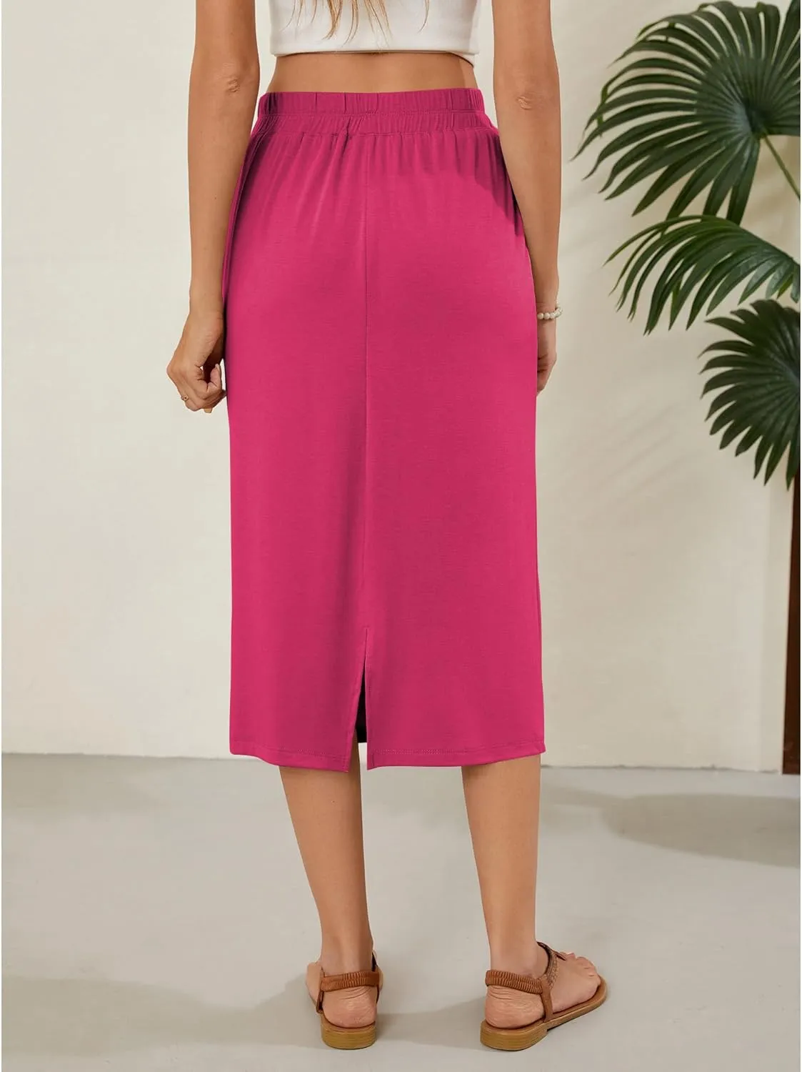 Naggoo Womens Midi Skirts Summer Elastic High Waisted Back Slit Long Straight Skirt Below Knee