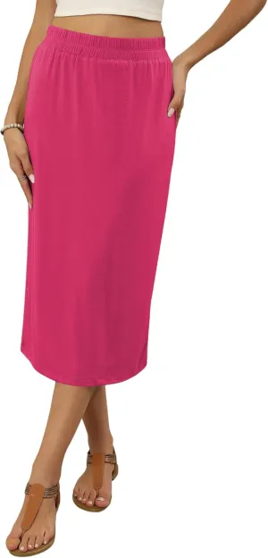 Naggoo Womens Midi Skirts Summer Elastic High Waisted Back Slit Long Straight Skirt Below Knee