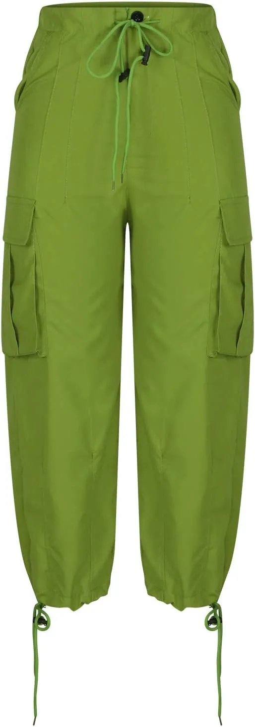 NATHGAM Parachute Pants for Women High Waist Buckle Baggy Cargo Pants Multiple Pockets Drawstring Y2K Streetwear Trousers