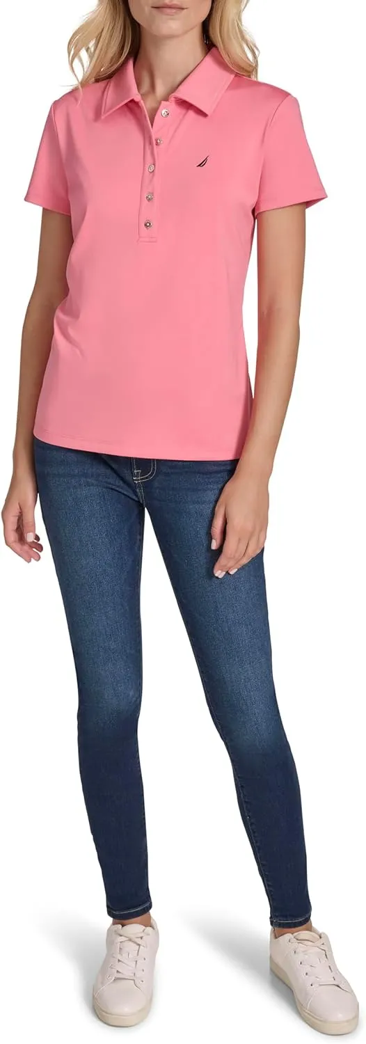 Nautica Women's Short Sleeve Collared Cotton Interlock Soft Touch Polo