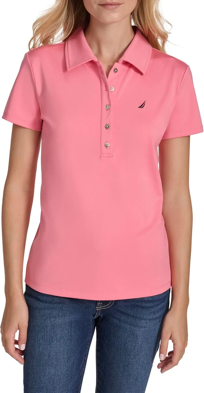 Nautica Women's Short Sleeve Collared Cotton Interlock Soft Touch Polo