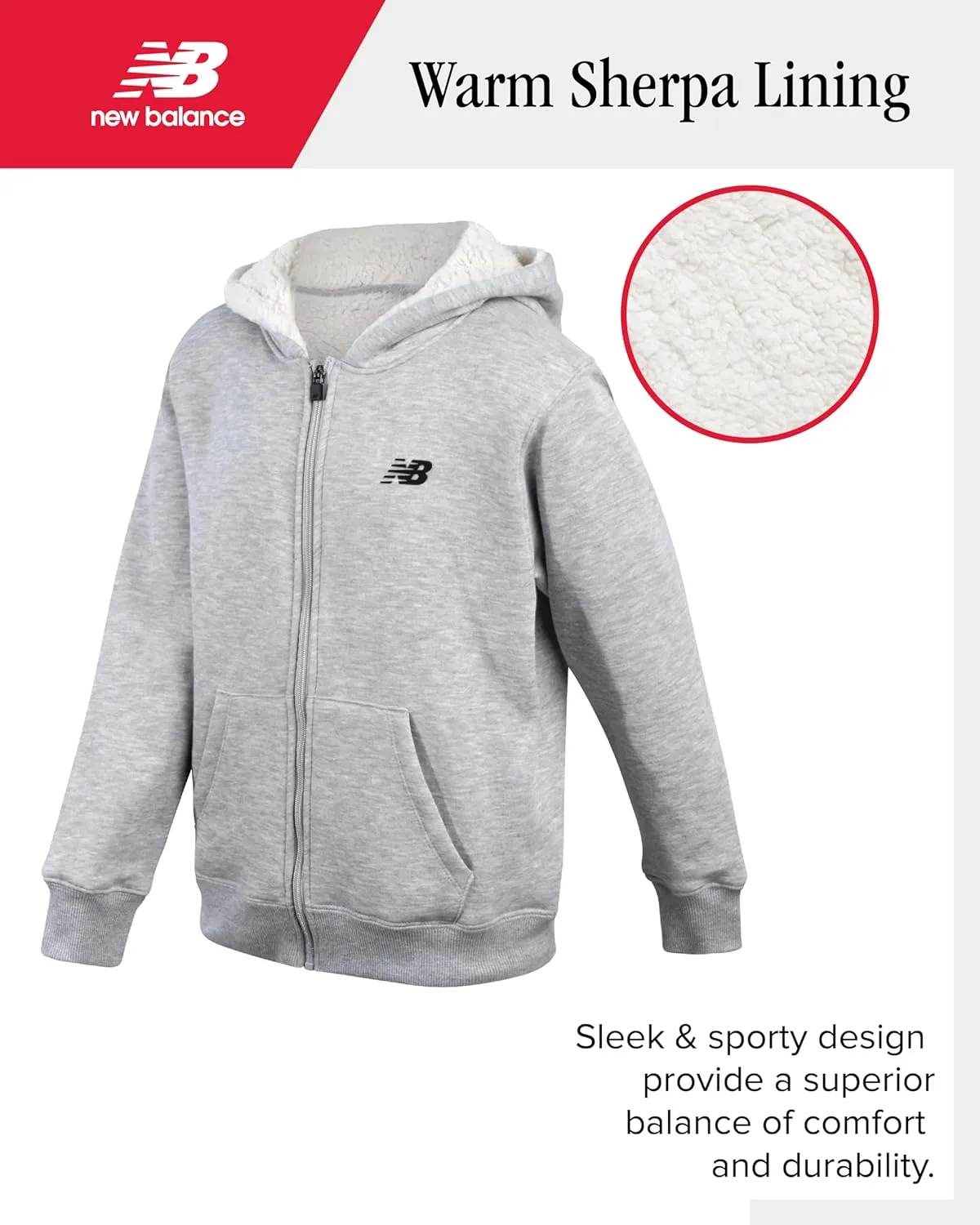 New Balance Boys' Sweatshirt - Soft Fleece Full Zip Up Sherpa-Lined Hoodies for Boys - Cozy Boys Hooded Sweatshirts (8-20)