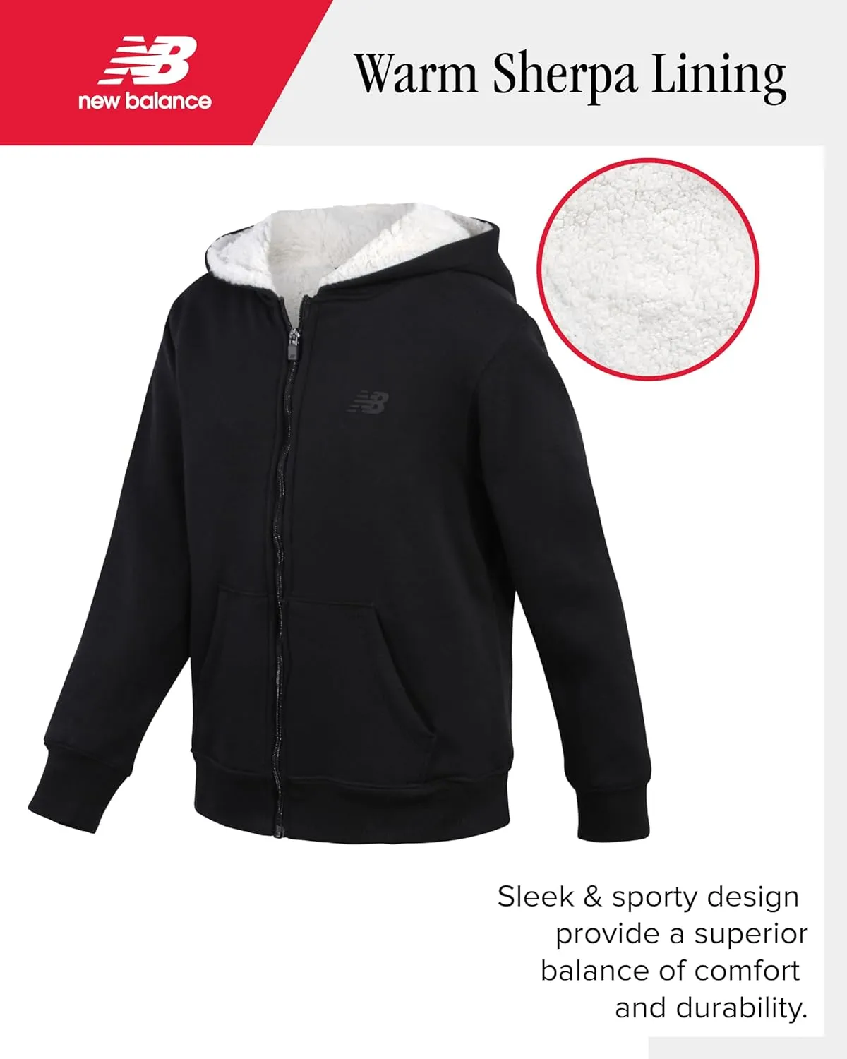 New Balance Boys' Sweatshirt - Soft Fleece Full Zip Up Sherpa-Lined Hoodies for Boys - Cozy Boys Hooded Sweatshirts (8-20)