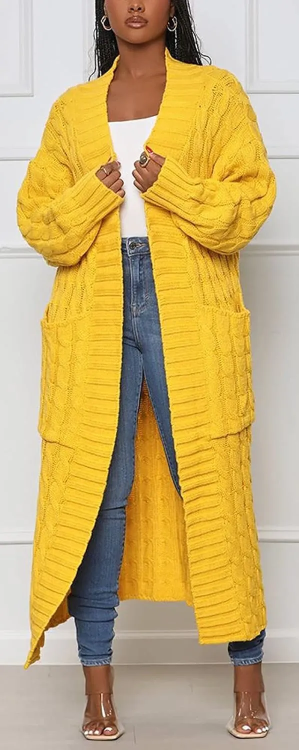 NRTHYE Women's Long Sleeve Open Front Cable Knit Long Cardigan Sweater with Pockets Loose Sweater Outwear Coats