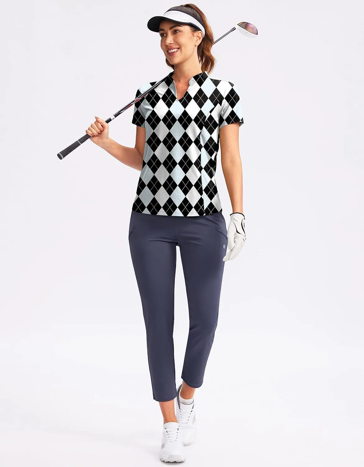 Obla Women's Golf Polo Shirt V-Neck Short Sleeve Collarless Quick Dry Tennis Running T Shirt Golf Tops for Women