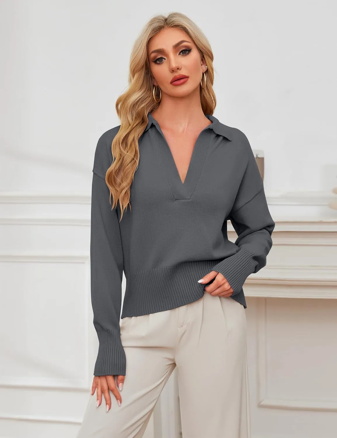 OLAPTA Women Knitted Lapel Collar Crop Sweater Polo V Neck Long Sleeve Loose Fit Casual Comfy Pullover Sweater Jumper Tops