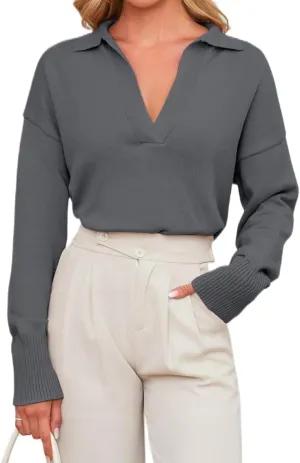 OLAPTA Women Knitted Lapel Collar Crop Sweater Polo V Neck Long Sleeve Loose Fit Casual Comfy Pullover Sweater Jumper Tops