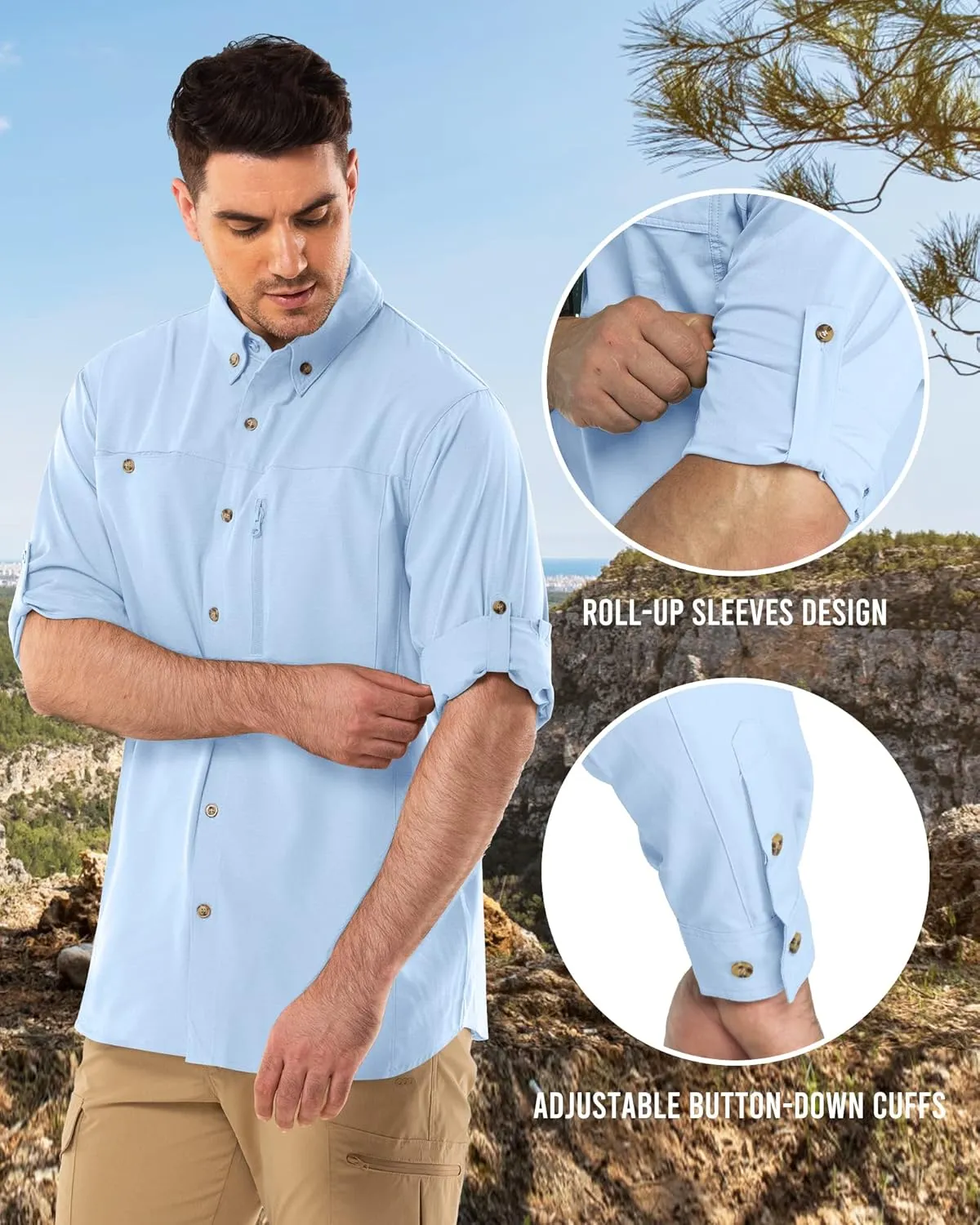 Outdoor Ventures Men's Long Sleeve Hiking Shirt UPF 50 UV Sun Protection Shirt Cooling Quick Dry for Travel Fishing Safari