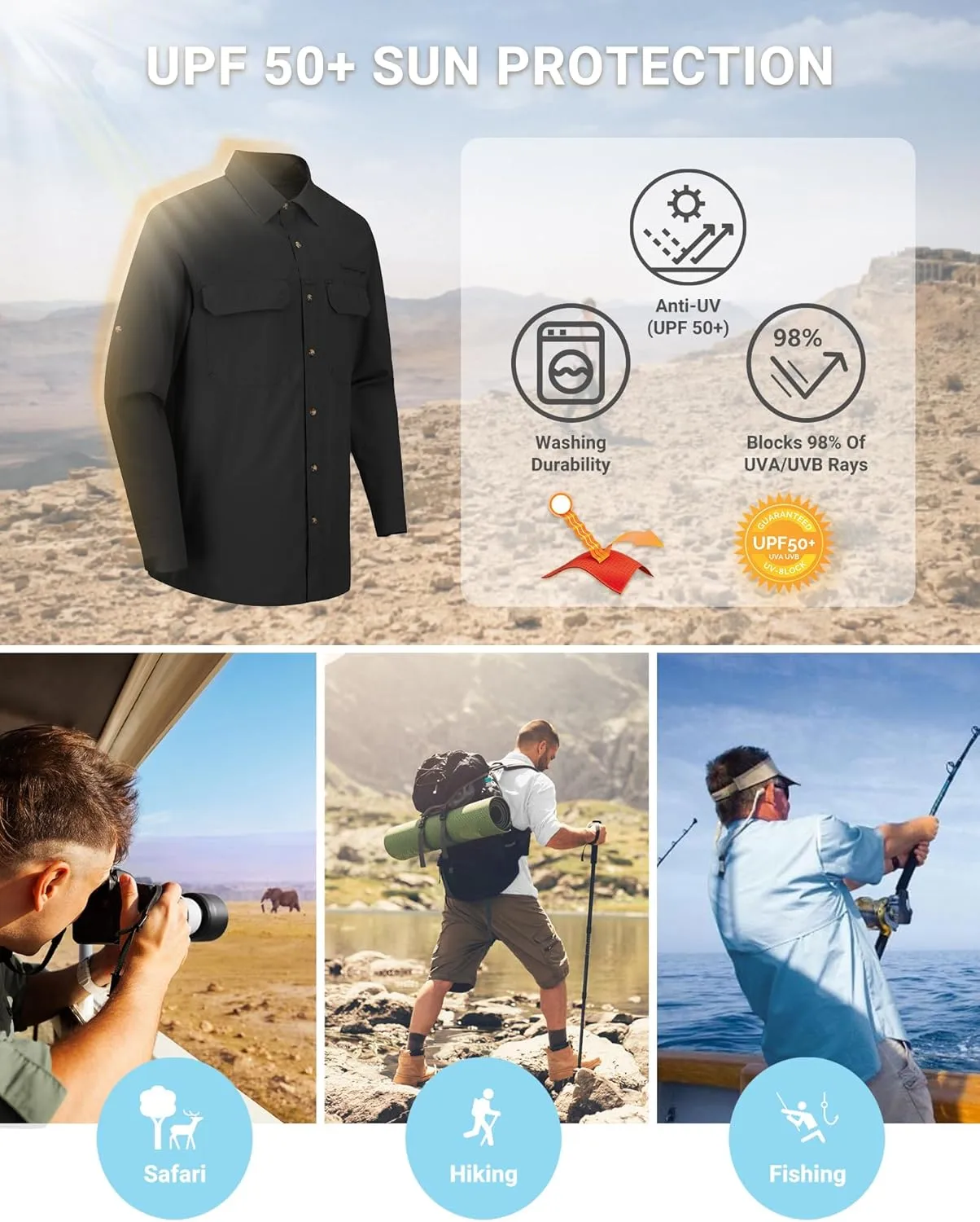 Outdoor Ventures Men's UPF 50  UV Sun Protection Shirt, Long Sleeve Hiking Fishing Shirt Cooling Quick Dry for Safari Travel